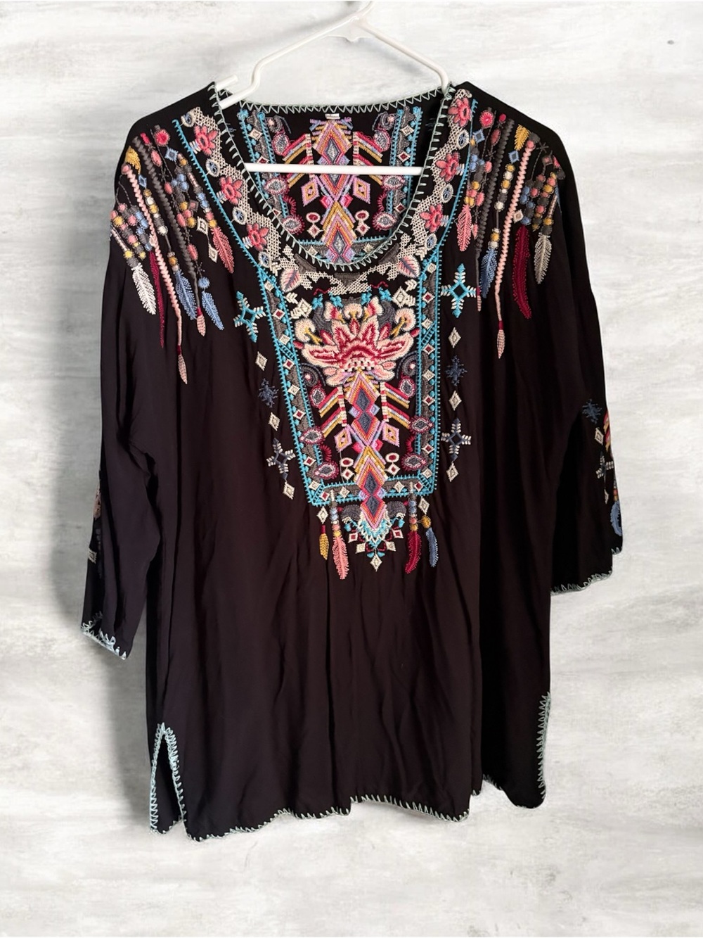 Laura Klein Embroidered Top Black Boho Southwest Peasant Colorful Size M